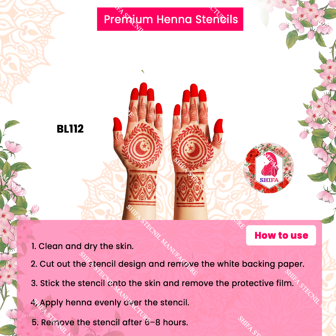BL112 Moonlit Wreath Majesty Double Hand Henna Stencil